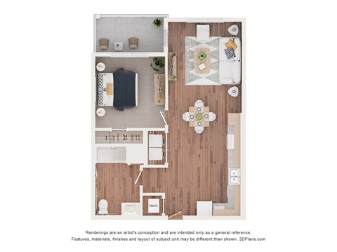 Floor plan for 1 bed, 1 bath, 766 sqft